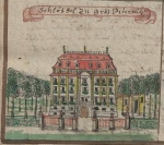 Zawartość – Content: Widok pałacyku w Piotrkowicach, rycina, ok. 1744-1750.;  Własność Intelektualna – Intellectual Property: Friedrich Bernhardt Werner; Prawa Majątkowe: Biblioteka Uniwersytecka we Wrocławiu; Dookreślenie – Instantiation: Materiał reprodukowany w: F. B. Werner, Topographia seu Silesiae, (rkps w zbiorach Biblioteki Uniwersyteckiej we Wrocławiu).