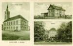 Zawartość – Content: Pałac w Sławie od strony ogrodu, kościół ewangelicki, mleczarnia. Karta pocztowa, ok. 1910 r.;  Własność intelektualna – Intelectual Property: Bernhard Döring, Glogau (?);  Prawa majątkowe: Artur Pacyga; Urząd Miejski w Sławie;  Dookreślenie – Instantiation: brak.