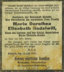 Zawartość – Content: Nekrolog Marii Doroty Elżbiety Radziwiłł, skan z gazety, 1915 r.;  Własność Intelektualna – Intellectual Property: Ludwig Wolny, Kleinitz;Prawa majątkowe: Parafia Rzymsko-Katolicka p.w. Nawiedzenia Najświętszej Maryi Panny w Klenicy, ul. Bolesława Chrobrego 66, 66-133 Klenica;Dookreślenie-Istantiation: Materiał ikonograficzny zawarty w rękopiśmiennej kronice parafii Klenica pt. Pfarr Chronik. Angefangen 1917, spisywanej od 1917 roku przez miejscowego proboszcza Ludwiga Wolnego.