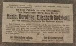 Zawartość – Content: Nekrolog Marii Doroty Elżbiety Radziwiłł, skan z gazety, 1915 r.;Własność Intelektualna – Intellectual Property: Ludwig Wolny, Kleinitz;Prawa majątkowe: Parafia Rzymsko-Katolicka p.w. Nawiedzenia Najświętszej Maryi Panny w Klenicy, ul. Bolesława Chrobrego 66, 66-133 Klenica;  Dookreślenie-Istantiation: Materiał ikonograficzny zawarty w rękopiśmiennej kronice parafii Klenica pt. Pfarr Chronik. Angefangen 1917, spisywanej od 1917 roku przez miejscowego proboszcza Ludwiga Wolnego.